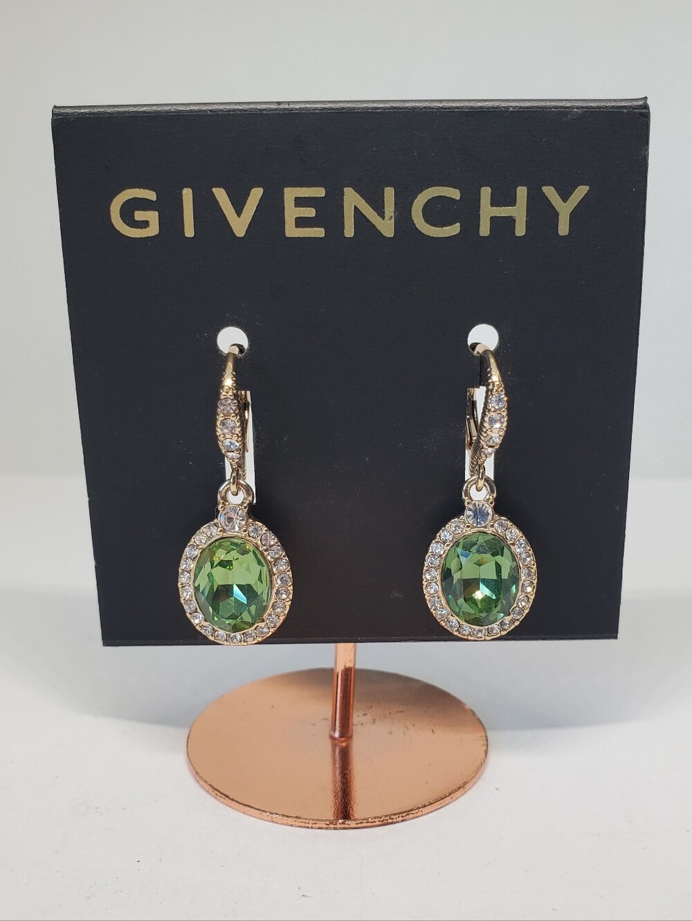 Givenchy Green Rhinestone Gold Tone Halo Dangle Earrings